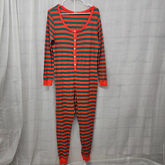 Old Navy Onesie Union Jack Pajamas Thermal Red Green Stripes Leisure Preppy L - Picture 1 of 9